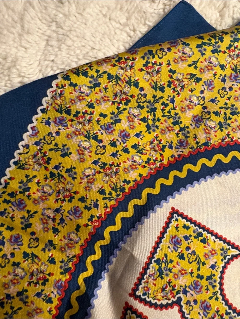 Tory Burch Yellow Floral Logo Silk Scarf with Blue Border